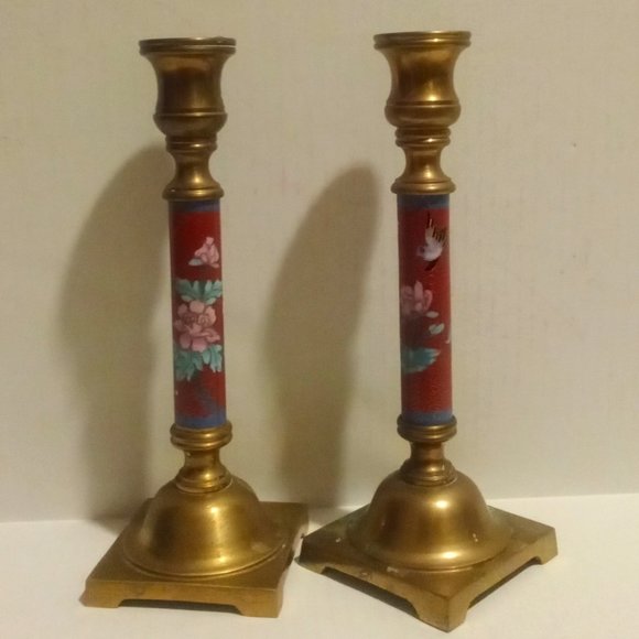 Vintage Cloisonne Brass and Enamel Flower & Bird Candle Stick Holders
